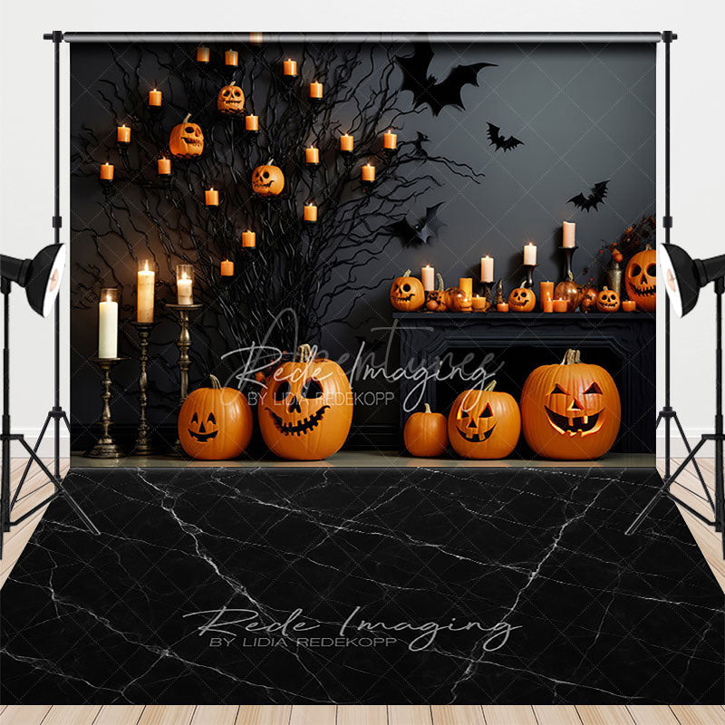 Aperturee Aperturee Spooky Halloween Fireplace and Floor Combo Set Backdrop Mantel with Jack O’ Lanterns Gothic Studio Photo Prop