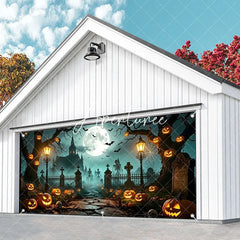 Aperturee - Aperturee Spooky Halloween Graveyard Garage Door Banner with Full Moon Bats Jack-o’-Lanterns and Skeletons Haunted Night Decor