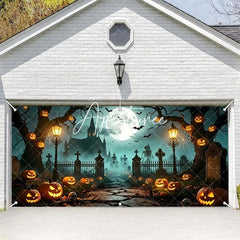 Aperturee - Aperturee Spooky Halloween Graveyard Garage Door Banner with Full Moon Bats Jack-o’-Lanterns and Skeletons Haunted Night Decor