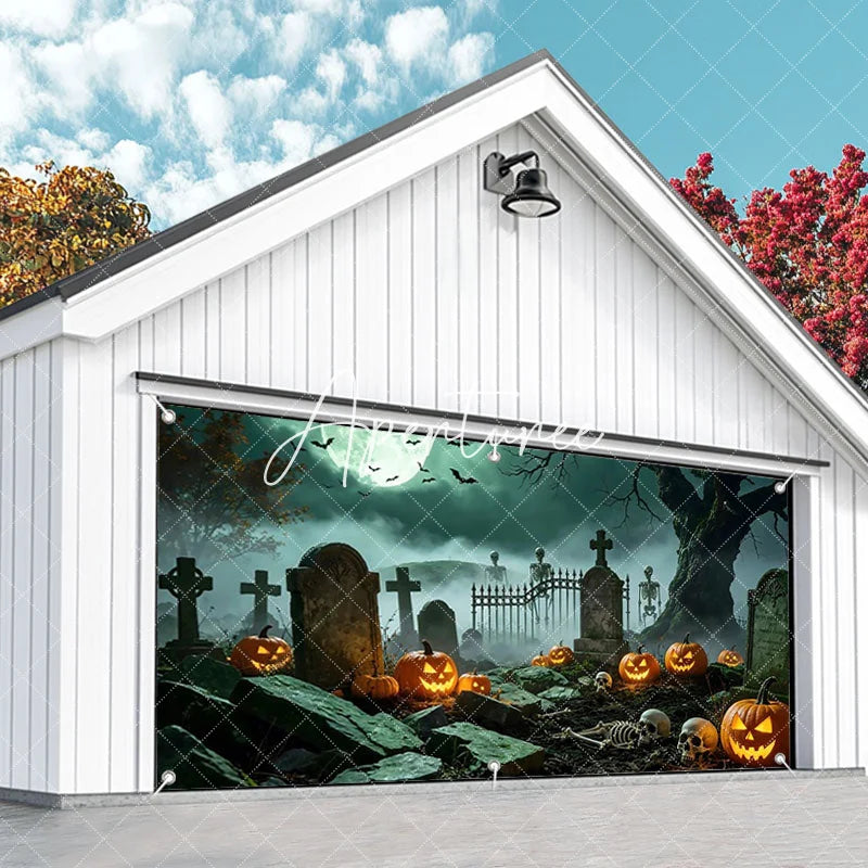 Aperturee - Aperturee Spooky Halloween Graveyard Garage Door Banner with Glowing Jack-o-Lanterns Skeletons and Full Moon
