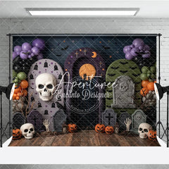 Aperturee - Aperturee Spooky Halloween Graveyard Photography Backdrop with Skulls Pumpkins Bats and Purple Balloon Garland for Party Decor