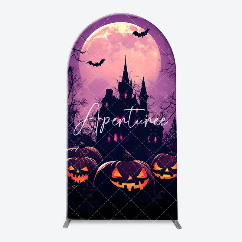 Aperturee - Aperturee Spooky Halloween Haunted House and Full Moon Arch Backdrop Kit Purple Orange Night Party Decor