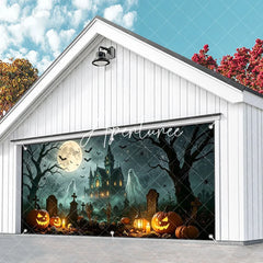 Aperturee - Aperturee Spooky Halloween Haunted Mansion and Graveyard Garage Door Banner with Jack-o’-Lanterns Ghosts and Bats Decor