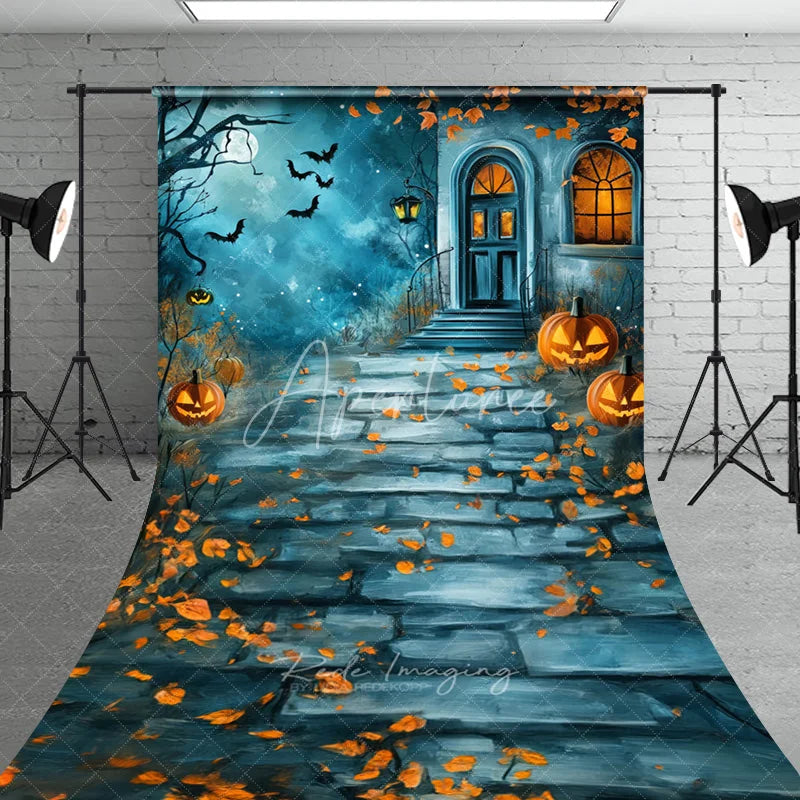 Aperturee - Aperturee Spooky Halloween House Entrance with Jack-o’-Lanterns and Bats Sweep Backdrop Moonlit Autumn Night Party Decor