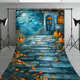 Aperturee - Aperturee Spooky Halloween House Entrance with Jack-o’-Lanterns and Bats Sweep Backdrop Moonlit Autumn Night Party Decor