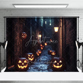 Aperturee - Aperturee Spooky Halloween Jack-o-Lantern Alley Night Holiday Backdrop Dark Brick Wall Street Scene with Glowing Pumpkins