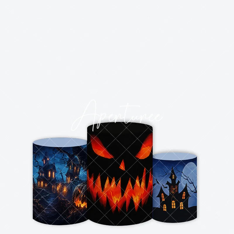 Aperturee - Aperturee Spooky Halloween Jack-o-Lantern and Haunted House Night Scene Cylinder Cover Eerie Party Decor