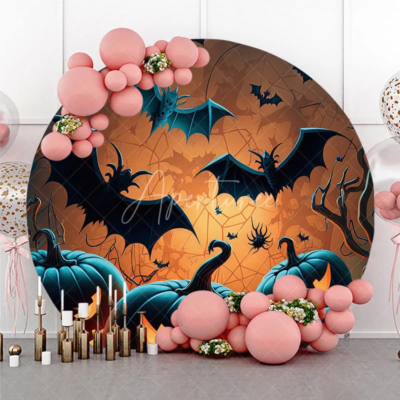 Aperturee - Aperturee Spooky Halloween Jack-o-lanterns and Flying Bats Round Backdrop Eerie Tree Branches Party Decor