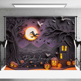 Aperturee Aperturee Spooky Halloween Night Photography Backdrop Haunted House Silhouette with Full Moon Jack O’ Lanterns and Bats