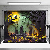 Aperturee Aperturee Spooky Halloween Night Photography Backdrop Paper Cutout Forest Silhouette with Full Moon and Jack O’ Lanterns