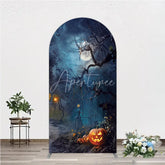 Aperturee - Aperturee Spooky Halloween Night Round Top Arch Backdrop Featuring Jack-o’-lanterns Bare Trees and Flying Bats