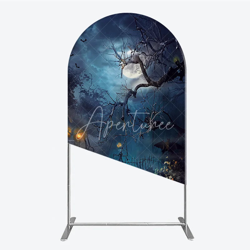 Aperturee - Aperturee Spooky Halloween Night Round Top Arch Backdrop Featuring Jack-o’-lanterns Bare Trees and Flying Bats