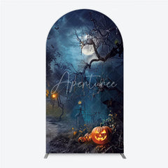 Aperturee - Aperturee Spooky Halloween Night Round Top Arch Backdrop Featuring Jack-o’-lanterns Bare Trees and Flying Bats