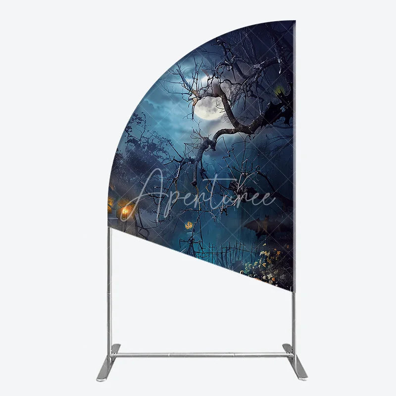 Aperturee - Aperturee Spooky Halloween Night with Full Moon and Bare Trees half moon arch backdrop Glowing Jack-O-Lanterns Party Decor