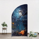 Aperturee - Aperturee Spooky Halloween Night with Full Moon and Bare Trees half moon arch backdrop Glowing Jack-O-Lanterns Party Decor
