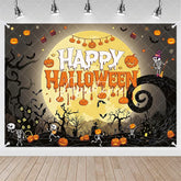 Aperturee - Aperturee Spooky Halloween Party Backdrop Full Moon Pumpkins Skeletons Bats Haunted House Decor for Celebration