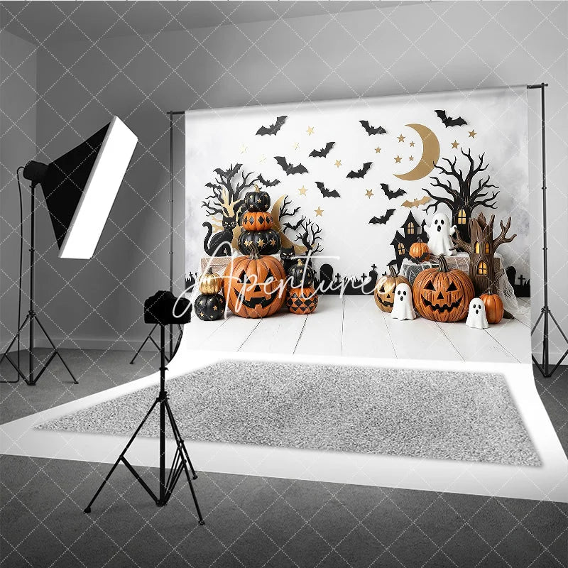Aperturee - Aperturee Spooky Halloween Photography Backdrop featuring Jack-o-Lanterns Black Cats and Ghosts Festive Party Decor