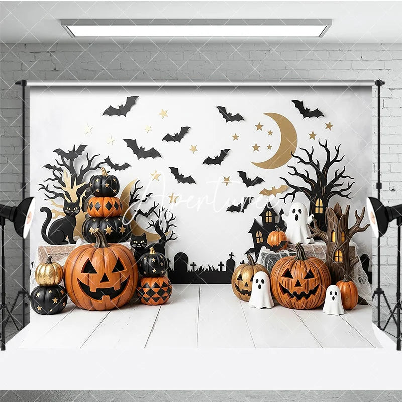 Aperturee - Aperturee Spooky Halloween Photography Backdrop featuring Jack-o-Lanterns Black Cats and Ghosts Festive Party Decor