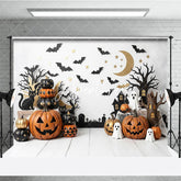 Aperturee - Aperturee Spooky Halloween Photography Backdrop featuring Jack-o-Lanterns Black Cats and Ghosts Festive Party Decor