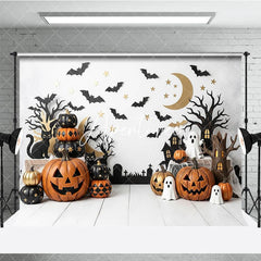 Aperturee - Aperturee Spooky Halloween Photography Backdrop featuring Jack-o-Lanterns Black Cats and Ghosts Festive Party Decor