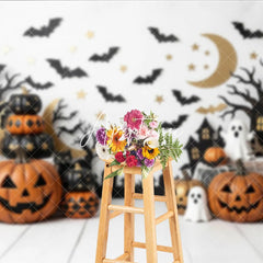 Aperturee - Aperturee Spooky Halloween Photography Backdrop featuring Jack-o-Lanterns Black Cats and Ghosts Festive Party Decor
