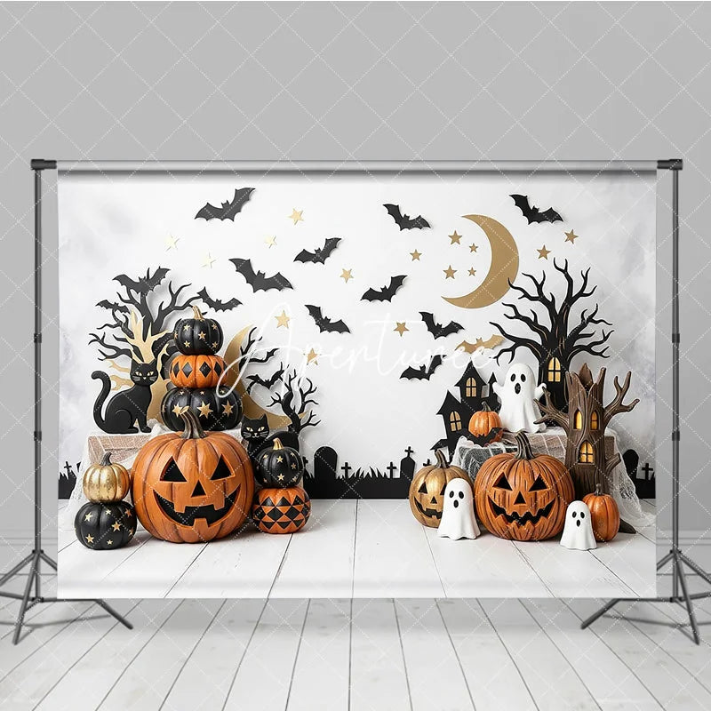 Aperturee - Aperturee Spooky Halloween Photography Backdrop featuring Jack-o-Lanterns Black Cats and Ghosts Festive Party Decor