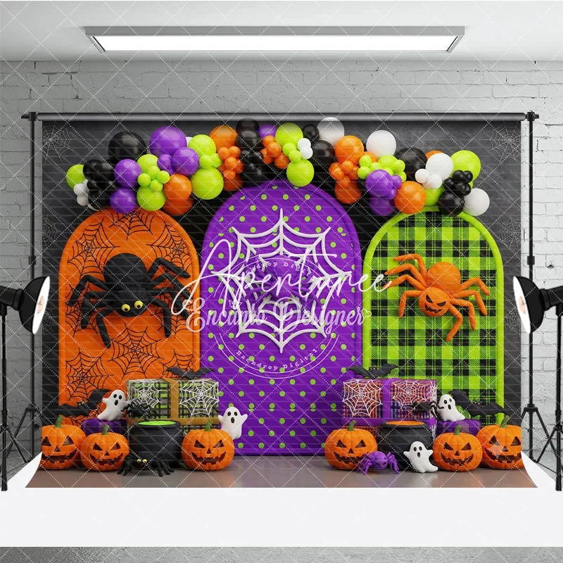 Aperturee - Aperturee Spooky Halloween Photography Backdrop with Spiders Pumpkins Ghosts and Balloon Garland Arched Panels Party