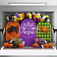 Aperturee - Aperturee Spooky Halloween Photography Backdrop with Spiders Pumpkins Ghosts and Balloon Garland Arched Panels Party