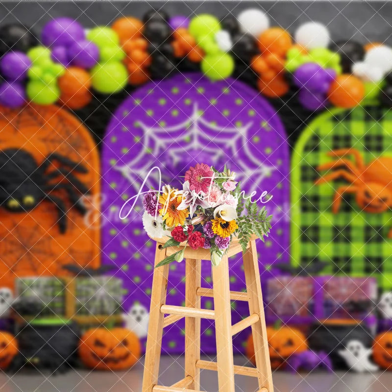 Aperturee - Aperturee Spooky Halloween Photography Backdrop with Spiders Pumpkins Ghosts and Balloon Garland Arched Panels Party