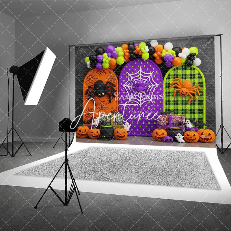Aperturee - Aperturee Spooky Halloween Photography Backdrop with Spiders Pumpkins Ghosts and Balloon Garland Arched Panels Party