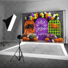 Aperturee - Aperturee Spooky Halloween Photography Backdrop with Spiders Pumpkins Ghosts and Balloon Garland Arched Panels Party