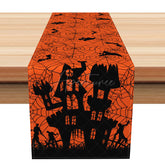 Aperturee - Aperturee Spooky Halloween Table Runner with Spider Bat and Castle Haunted House Vibe Gothic Black and Orange Party Decor
