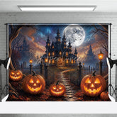 Aperturee - Aperturee Spooky Haunted Castle Holiday Backdrop with Full Moon and Flying Bats Glowing Jack-o’-Lanterns and Autumn Leaves