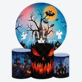 Aperturee - Aperturee Spooky Haunted House and Bats Halloween Round Backdrop Kit with Ghost and Jack-o-Lantern Cylinder Covers