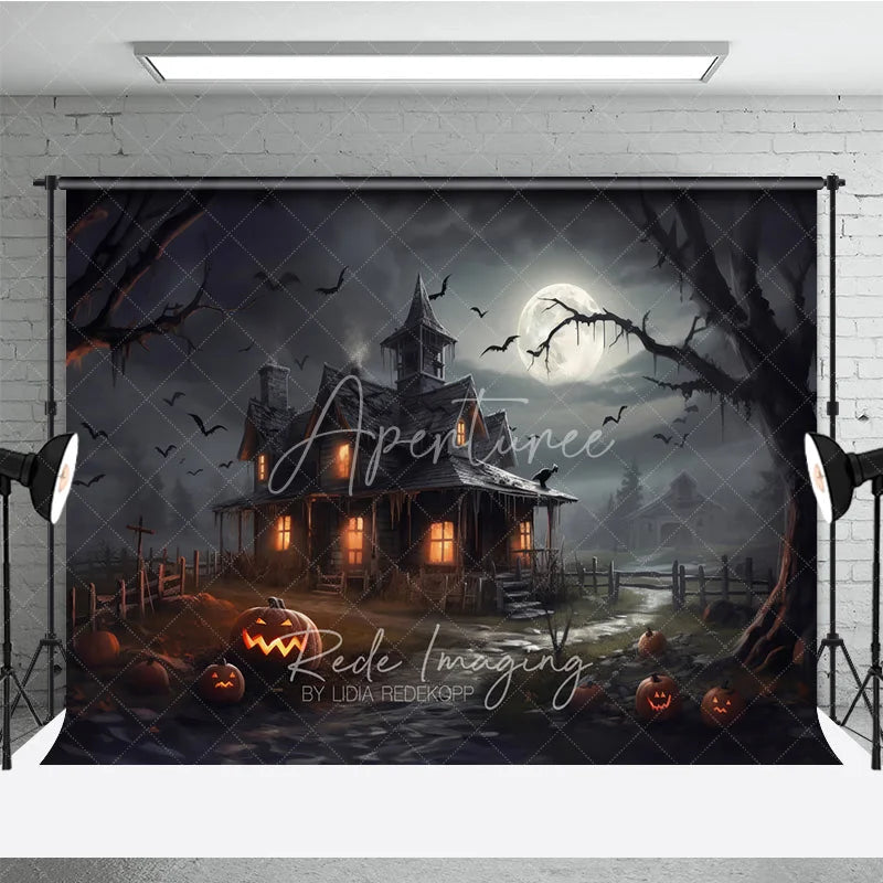 Aperturee - Aperturee Spooky Haunted House and Full Moon Halloween Holiday Backdrop with Flying Bats and Jack-o’-Lanterns