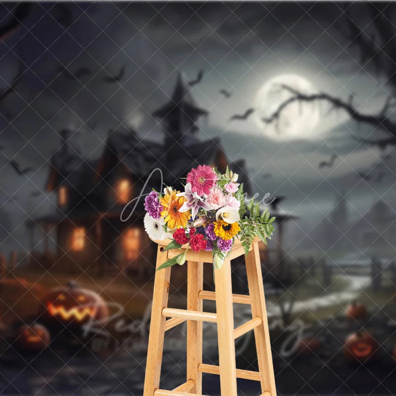 Aperturee - Aperturee Spooky Haunted House and Full Moon Halloween Holiday Backdrop with Flying Bats and Jack-o’-Lanterns