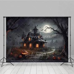 Aperturee - Aperturee Spooky Haunted House and Full Moon Halloween Holiday Backdrop with Flying Bats and Jack-o’-Lanterns