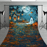 Aperturee - Aperturee Spooky Haunted House and Full Moon Halloween Sweep Backdrop featuring a Ghost Jack-o-Lanterns and Autumn Leaves