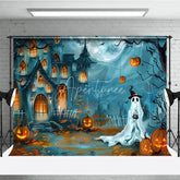 Aperturee - Aperturee Spooky Haunted House and Ghost Halloween Holiday Backdrop with Jack-O’-Lanterns and Full Moon Night Scene