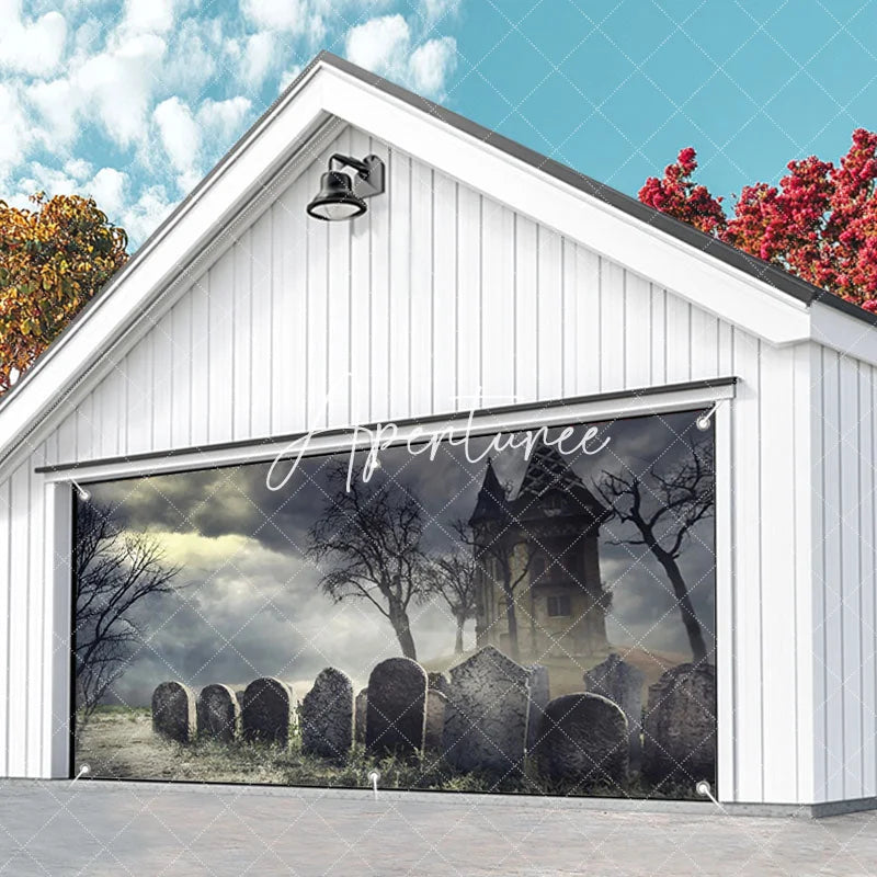 Aperturee - Aperturee Spooky Haunted House and Graveyard Garage Door Banner Eerie Halloween Decor with Bare Trees and Stormy Sky