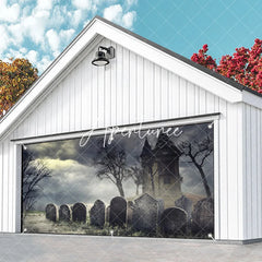 Aperturee - Aperturee Spooky Haunted House and Graveyard Garage Door Banner Eerie Halloween Decor with Bare Trees and Stormy Sky