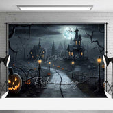 Aperturee Aperturee Spooky Haunted House Photography Backdrop Creepy Village on a Full Moon Night Jack O’ Lanterns and Bats Decor