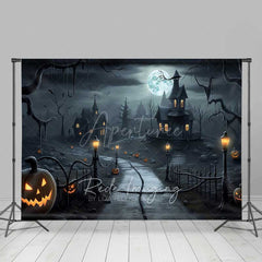 Aperturee Aperturee Spooky Haunted House Photography Backdrop Creepy Village on a Full Moon Night Jack O’ Lanterns and Bats Decor