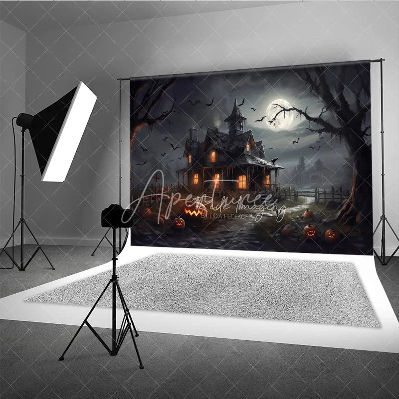 Aperturee - Aperturee Spooky Haunted House Photography Backdrop Full Moon and Bats on a Dark Night Halloween Photo Background