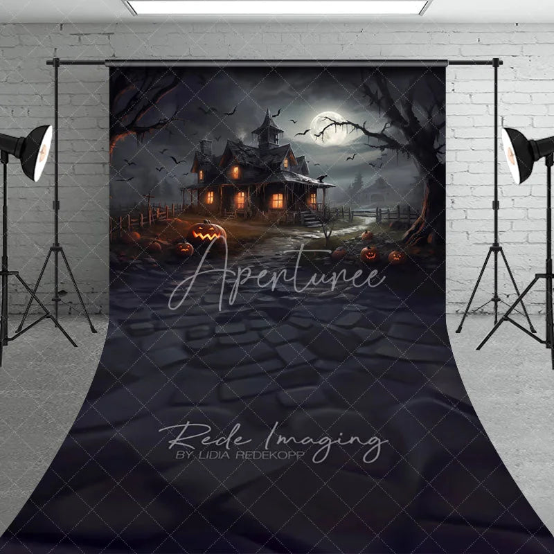 Aperturee - Aperturee Spooky Haunted House Sweep Backdrop Full Moon and Bats on a Dark Night Halloween Photo Studio Floor Drop