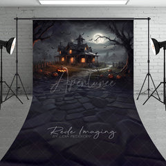 Aperturee - Aperturee Spooky Haunted House Sweep Backdrop Full Moon and Bats on a Dark Night Halloween Photo Studio Floor Drop
