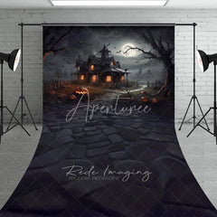 Aperturee - Aperturee Spooky Haunted House Sweep Backdrop Full Moon and Bats on a Dark Night Halloween Photo Studio Floor Drop