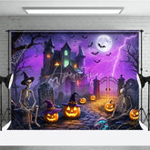 Aperturee - Aperturee Spooky Haunted Mansion Holiday Backdrop with Skeletons Jack-o’-Lanterns and a Glowing Full Moon