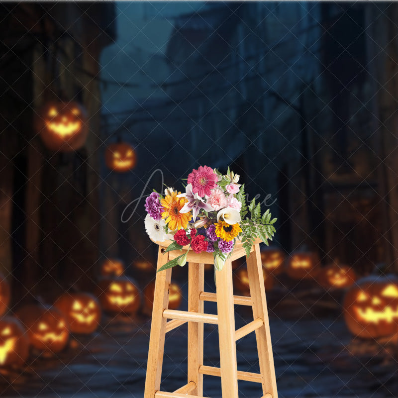 Aperturee - Aperturee Spooky Jack-o’-lantern Alley Photography Backdrop Dark Cobblestone Street Haunted Village Halloween Photos