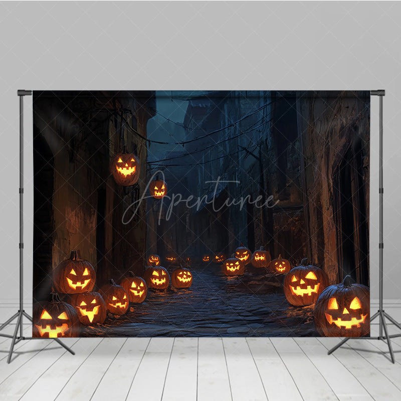 Aperturee - Aperturee Spooky Jack-o’-lantern Alley Photography Backdrop Dark Cobblestone Street Haunted Village Halloween Photos